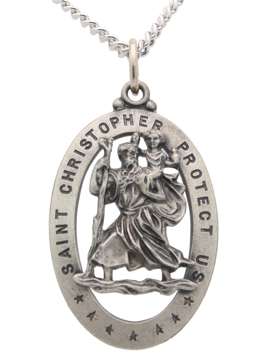 Oval Saint Christopher Necklace in Solid Sterling Silver Protect