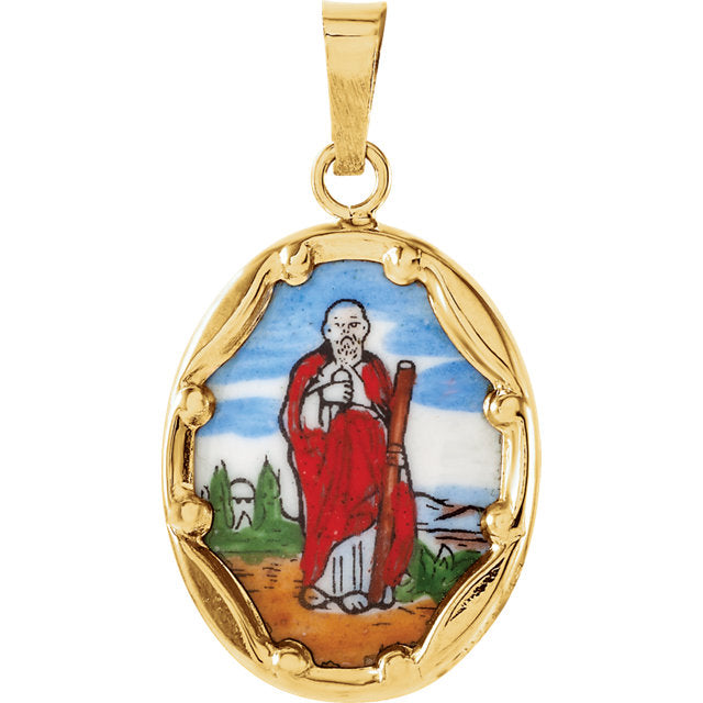 Saint Jude Hand Painted Fine Porcelain Oval Pendant in Solid 14