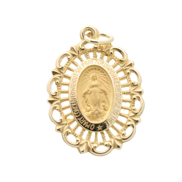 Oval Fancy Miraculous Medal Pendant in Solid 14 Karat Yellow Gold