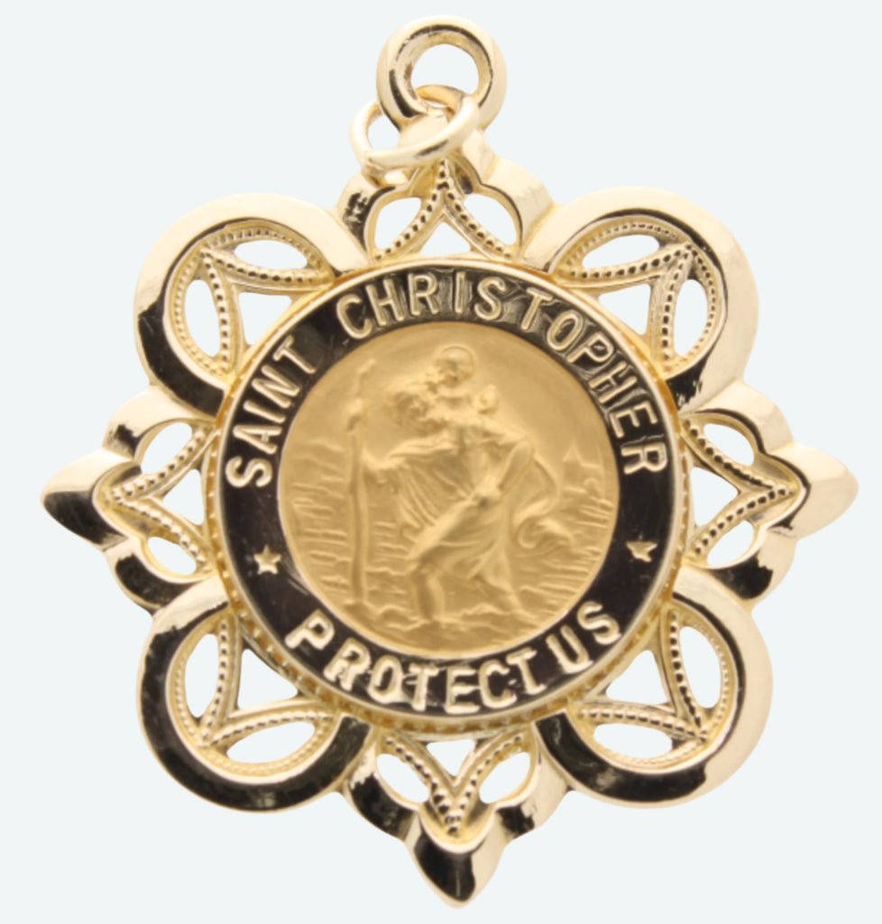 Saint Christopher Crown Pendant in Solid 14 Karat Yellow Gold Protect Us Medal 28 x 26 MM