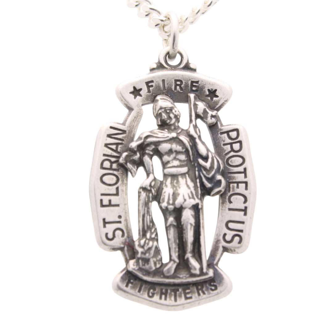 Oval Saint Florian Fire Fighter Necklace in Solid Sterling Silver Protect Us Medal 30.00x20.00 MM