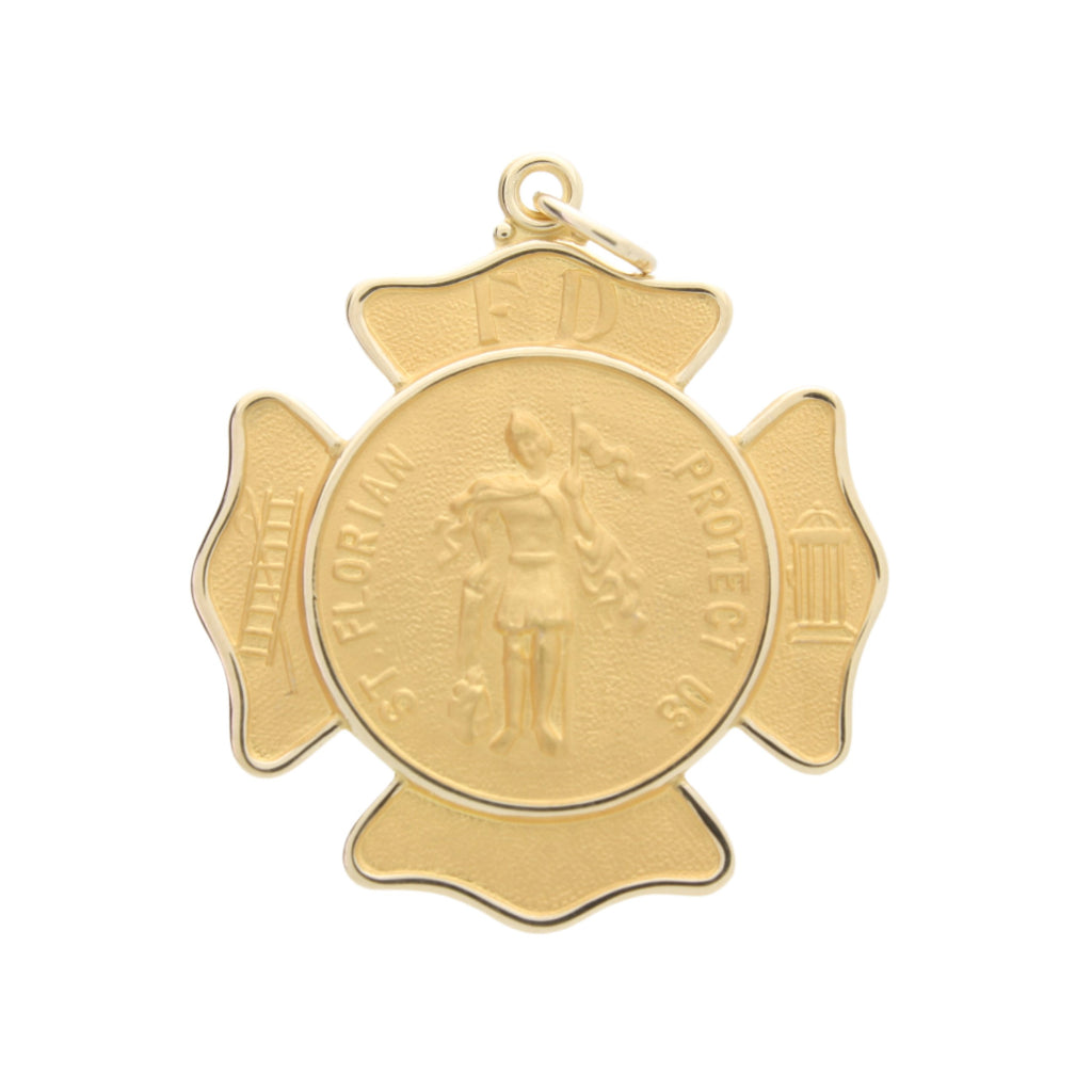 Round Saint Florian Fire Fighter Medal in Solid 14 Karat Yellow Gold Protect Us Medal 25 MM