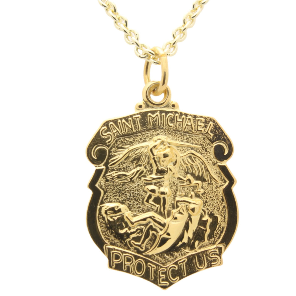 St Michael 24 Karat Yellow Gold Plated Badge Necklace With Chain 28.60 x 20.87 MM