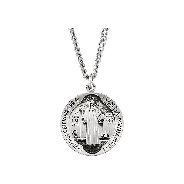 St. Benedict Medal in rhodium silver with chain