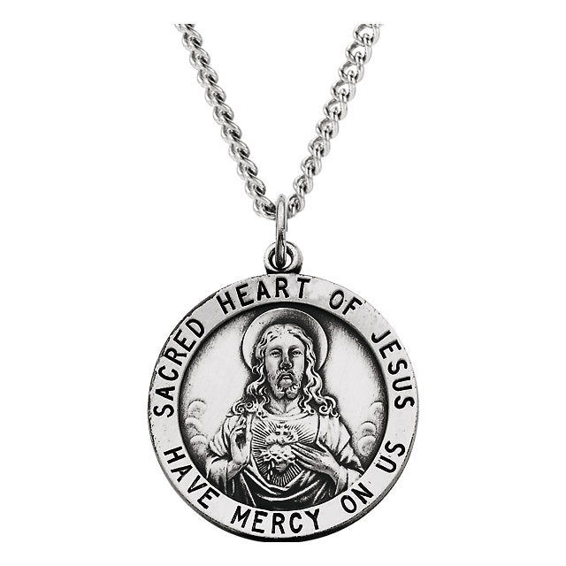 Sacred Heart of Jesus Round Medal Pendant in Sterling Silver with Chain