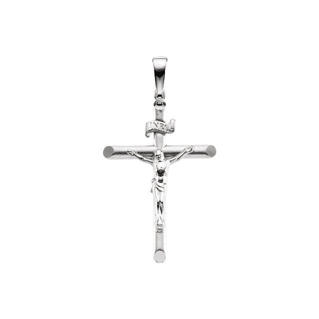 Round INRI Crucifix Cross Pendant in Solid 14 Karat White Gold