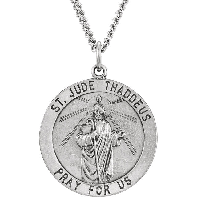 Saint Jude Round Pendant Necklace in Solid Sterling Silver Pray for Us Medal