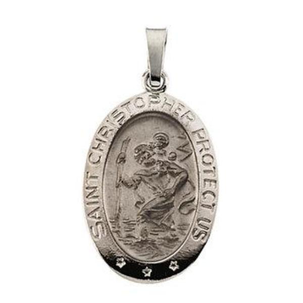 Oval Saint Christopher Blue Enamel Solid Sterling Silver Protect US Necklace 26.00x20.00 mm