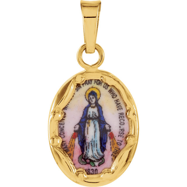 Porcelain Oval Miraculous Medal Pendant in Solid 14 Karat Yellow Gold