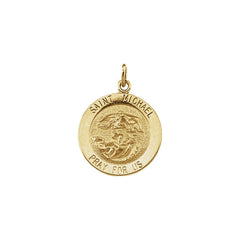 Round Saint Michael Pendant in Solid 14 Karat Yellow Gold Pray for