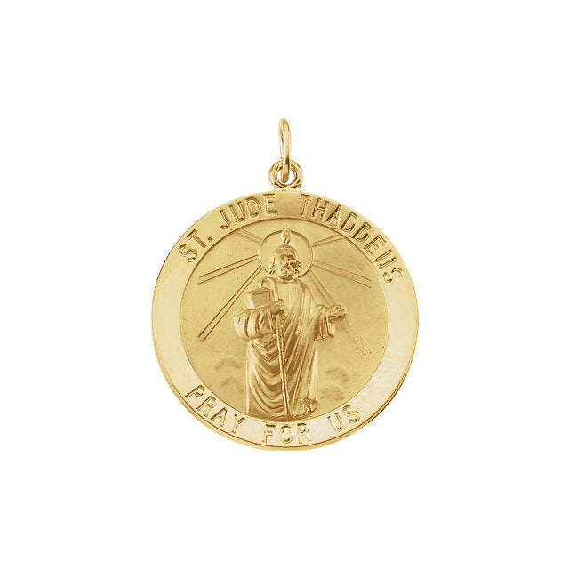 Saint Jude Round Pendant in Solid 14 Karat Yellow Gold Pray for Us Medal