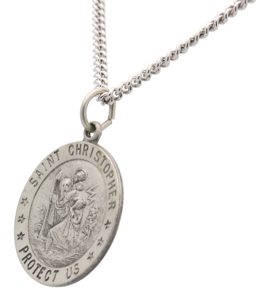 Round St. Christopher Necklace Medal Solid 925 Sterling Silver