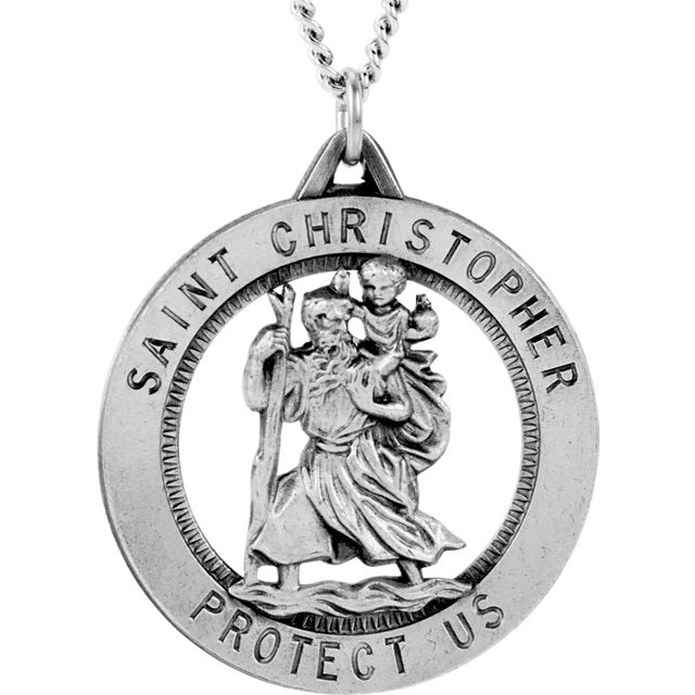 Men's Large Saint Christopher Round Cut Out Medal and Necklace Solid 925 Sterling Silver