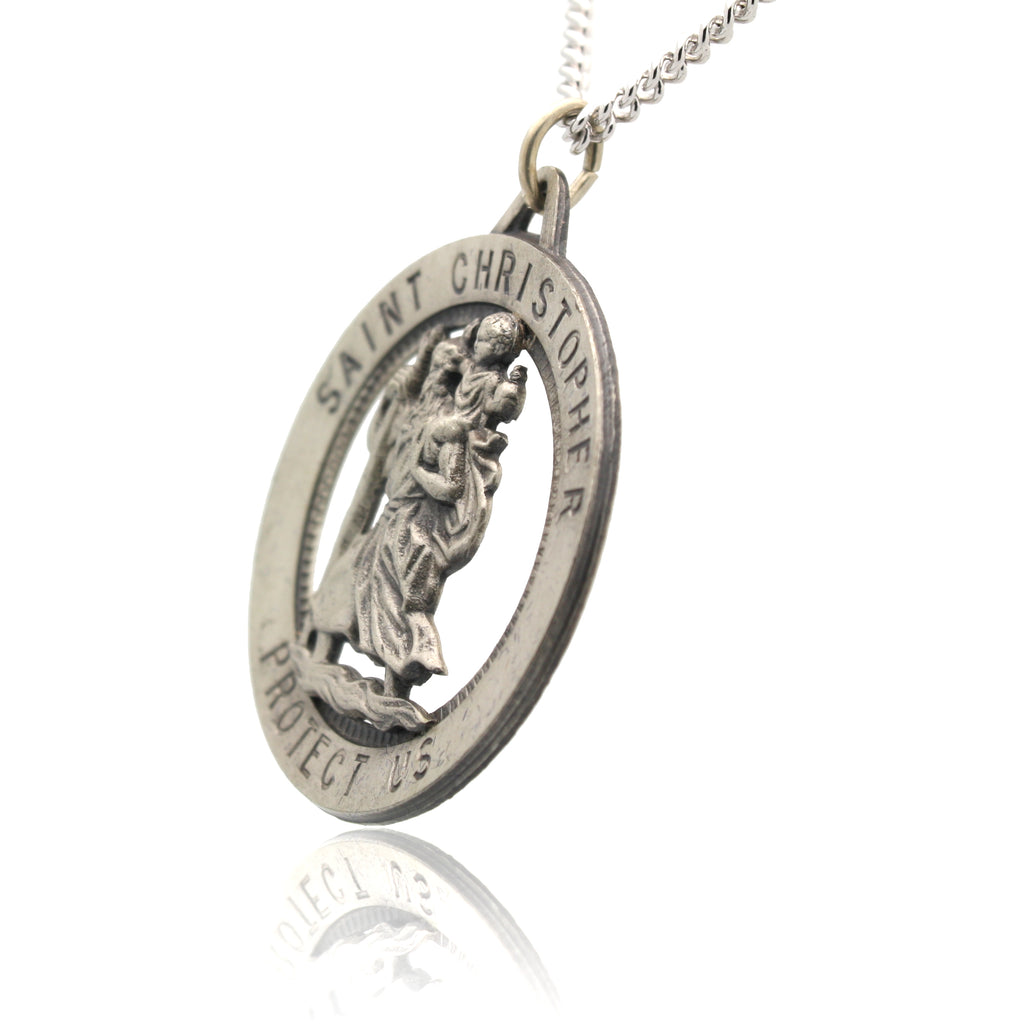 Men's Large Saint Christopher Round Cut Out Medal and Necklace